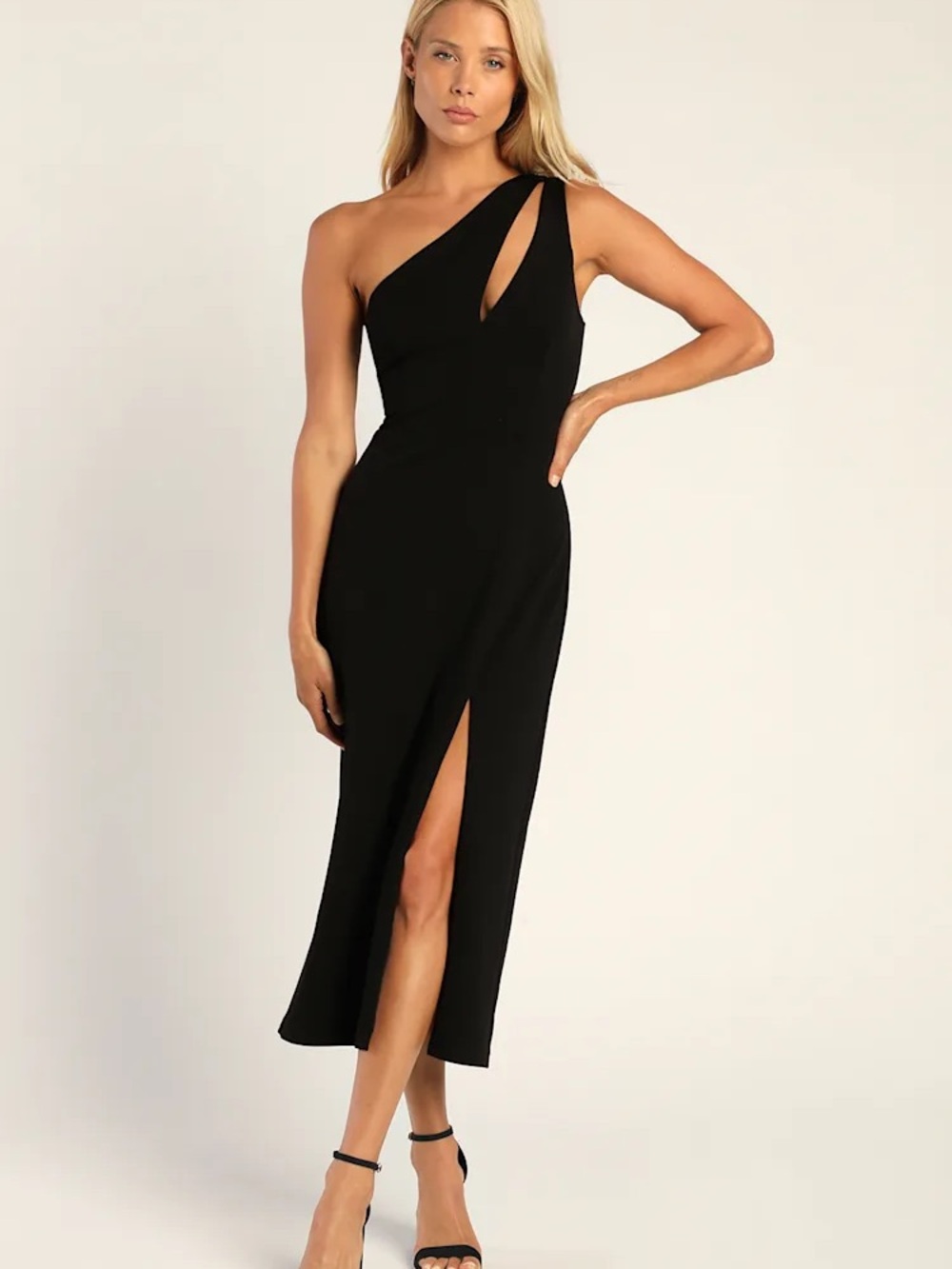 Lulu's One-Shoulder Black Midi Dress with Cutout and Front Slit
